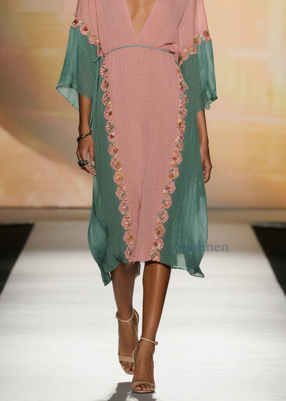Women Colorblock V Neck Floral Cotton Dress Summer