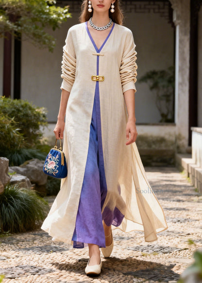 Women Colorblock V Neck Patchwork Cotton Long Dress