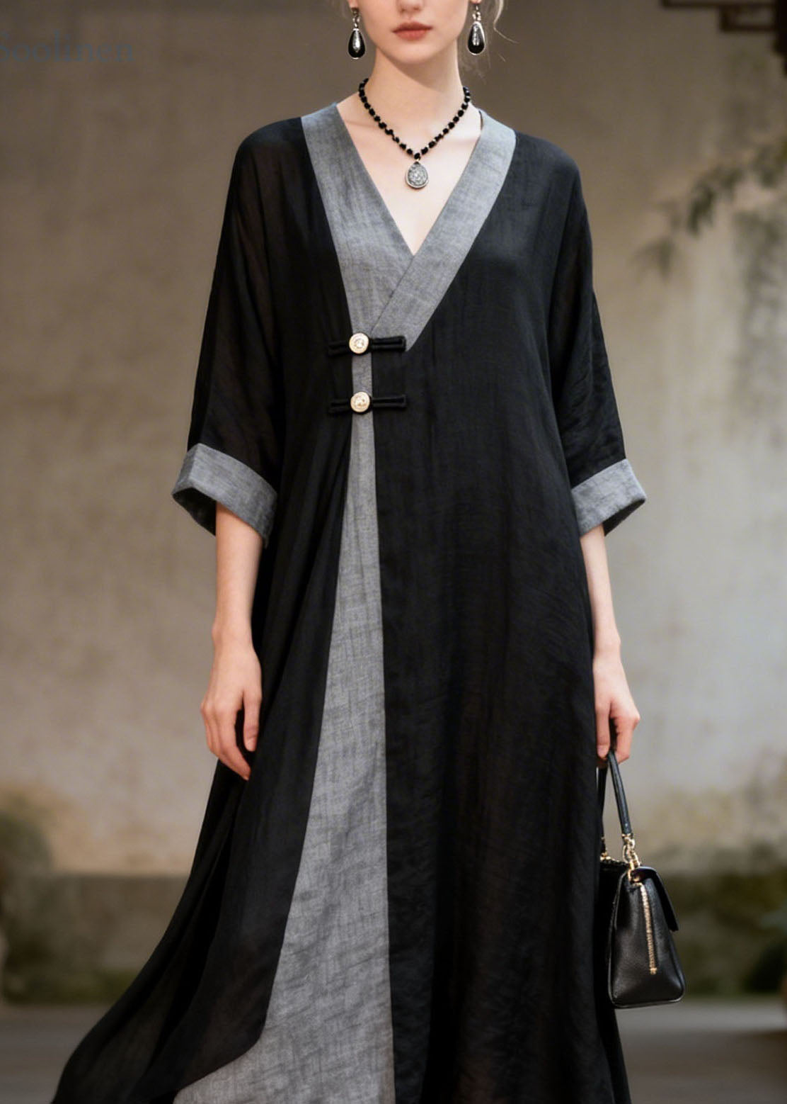 Women Colorblock V Neck Patchwork Cotton Long Dresses Summer
