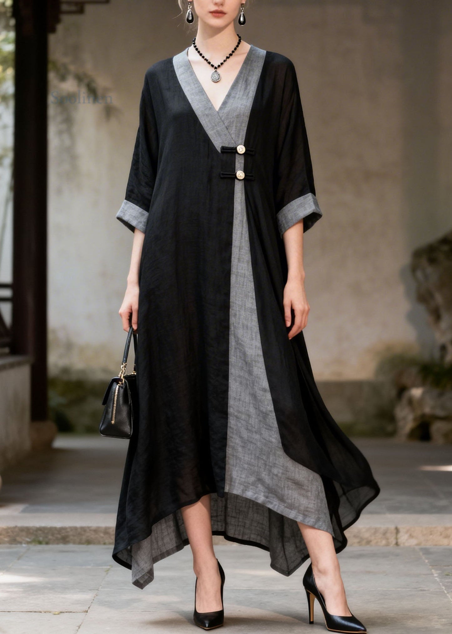 Women Colorblock V Neck Patchwork Cotton Long Dresses Summer