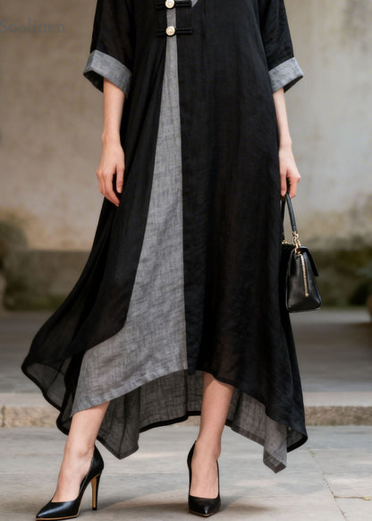 Women Colorblock V Neck Patchwork Cotton Long Dresses Summer