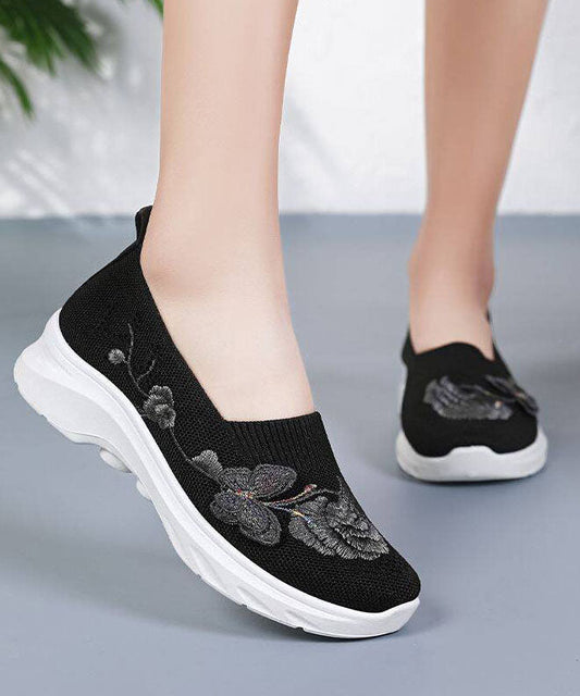 Women Comfy Embroidered Flat Shoes Green Breathable Mesh
