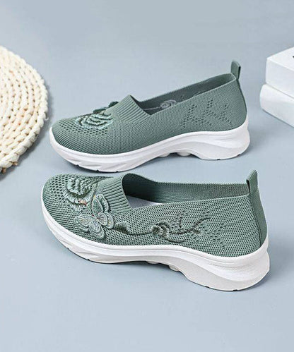 Women Comfy Embroidered Flat Shoes Green Breathable Mesh