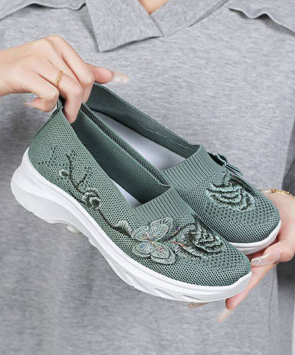 Women Comfy Embroidered Flat Shoes Green Breathable Mesh