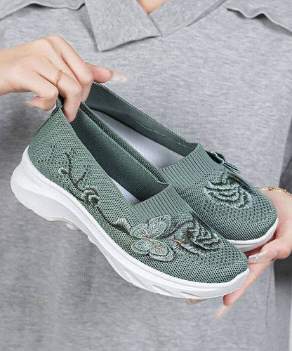Women Comfy Embroidered Flat Shoes Green Breathable Mesh