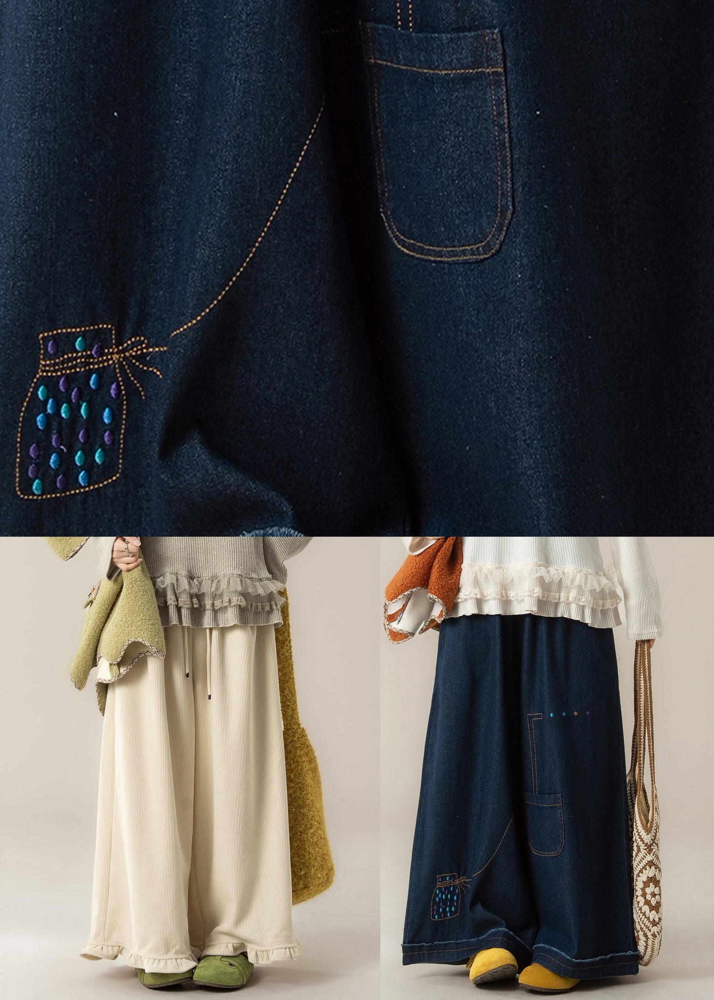 Women Dark Blue Pockets Print Patchwork Denim Pants Winter