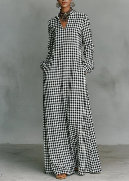Women Dark Grey V Neck Plaid Pockets Cotton Long Dress Fall