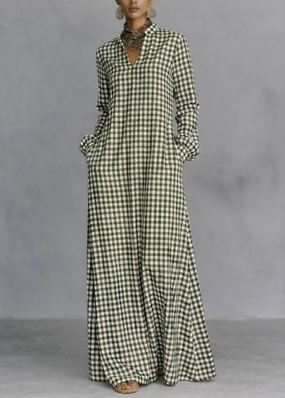 Women Dark Grey V Neck Plaid Pockets Cotton Long Dress Fall