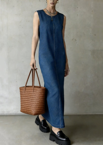 Women Denim Blue O-Neck Patchwork Long Dress Summer