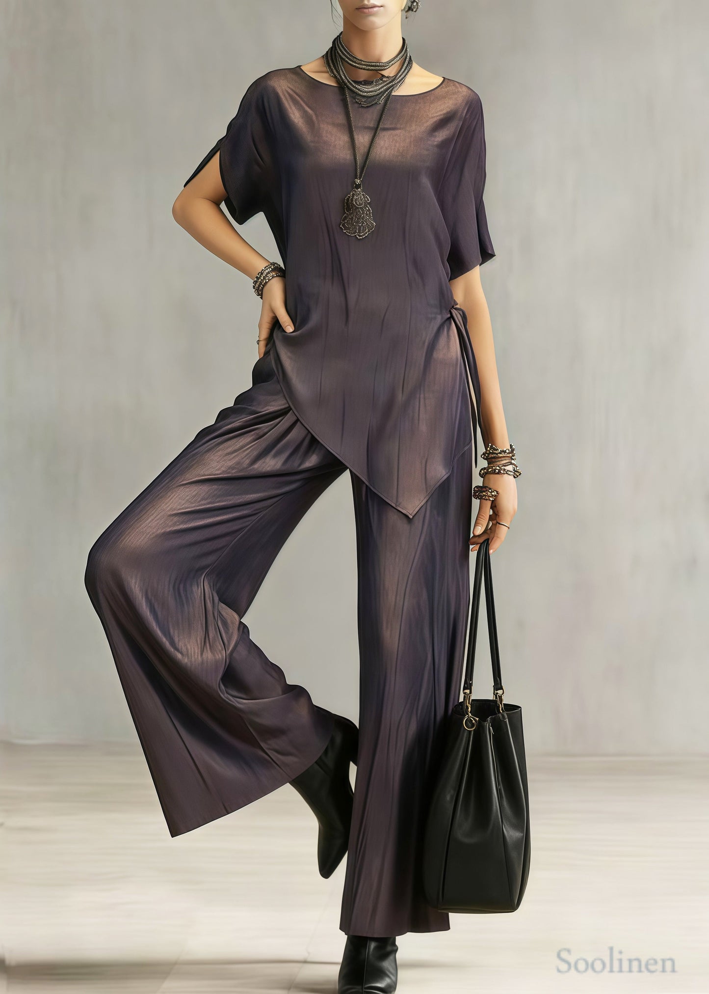 Women Dull Purple Asymmetrical Draping Silk Women Sets 2 Pieces Summer