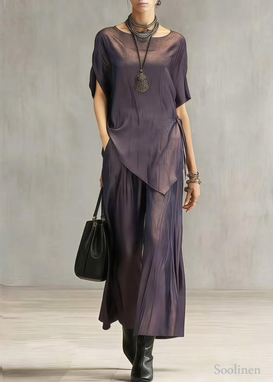 Women Dull Purple Asymmetrical Draping Silk Women Sets 2 Pieces Summer