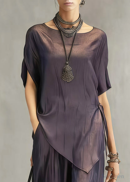 Women Dull Purple Asymmetrical Draping Silk Women Sets 2 Pieces Summer