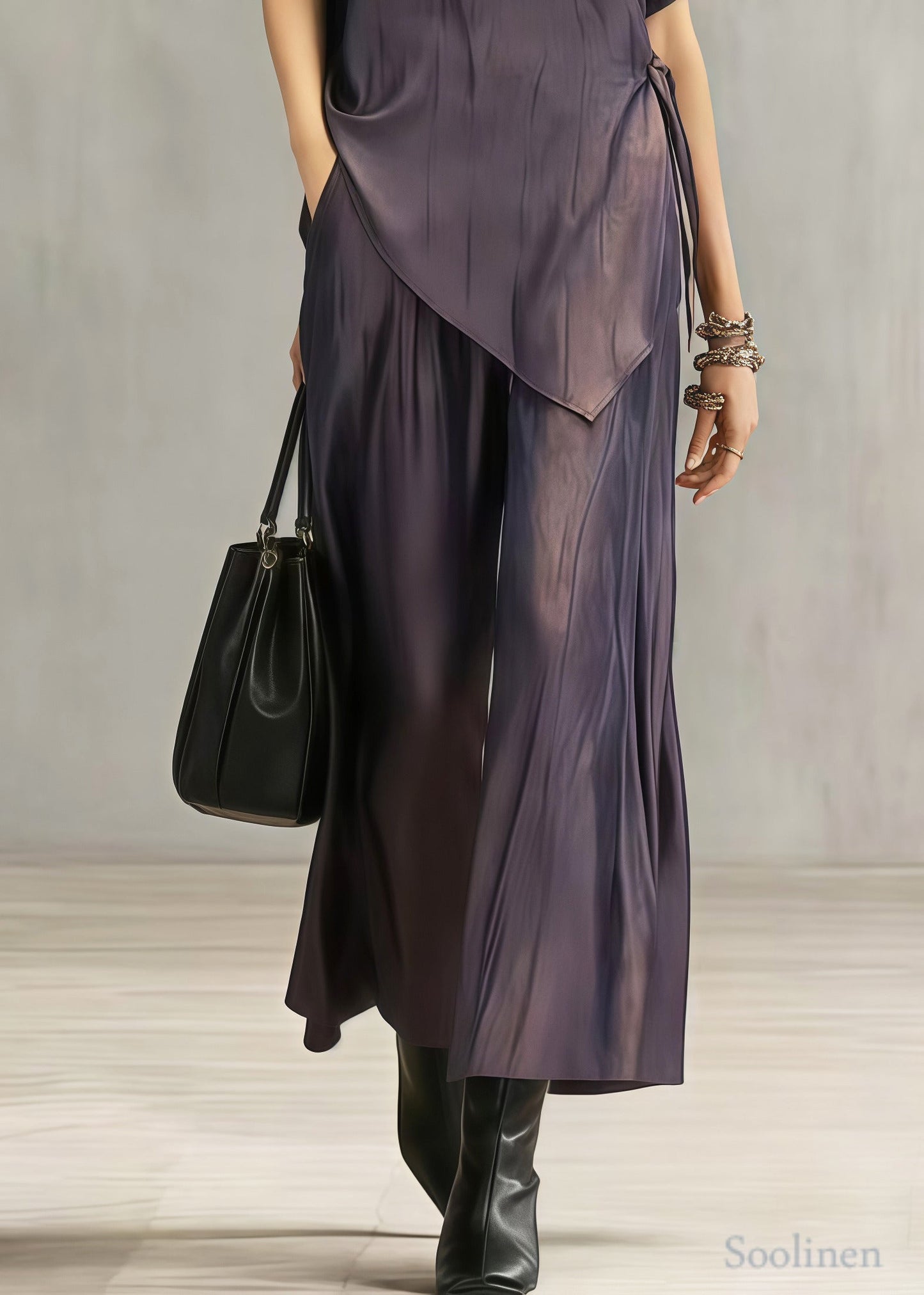 Women Dull Purple Asymmetrical Draping Silk Women Sets 2 Pieces Summer