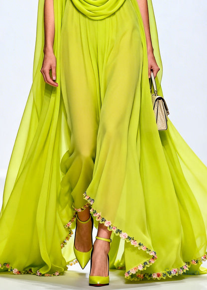 Women Fluorescent Green Turtle Neck Exra Large Hem Chiffon Party Dress Sleeveless