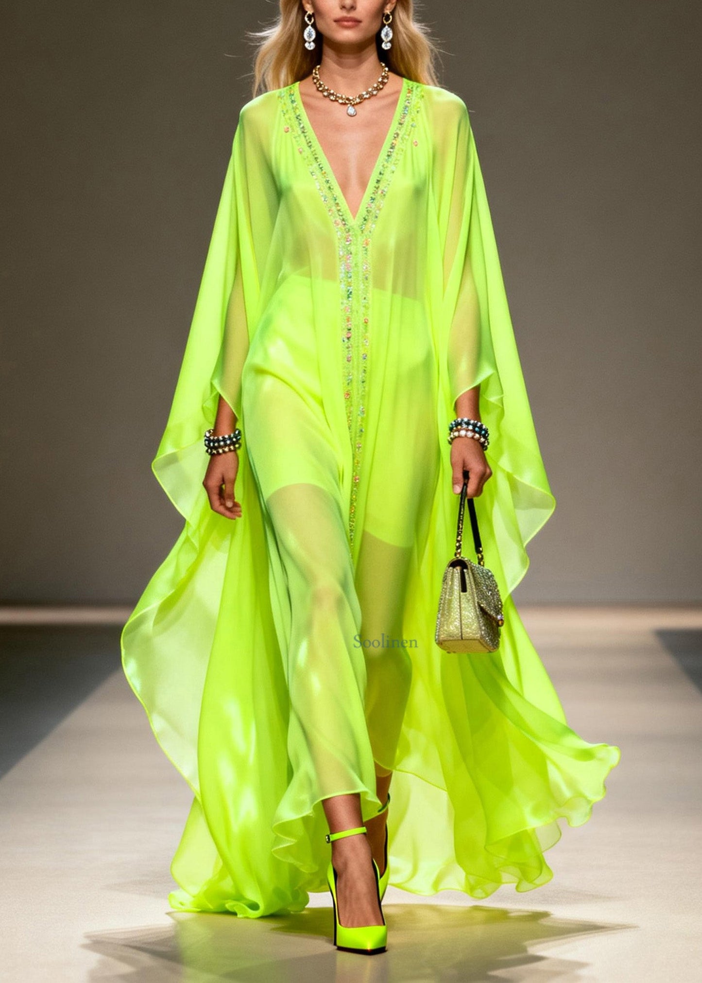 Women Fluorescent Green V Neck Zircon Chiffon Robe Dresses Summer