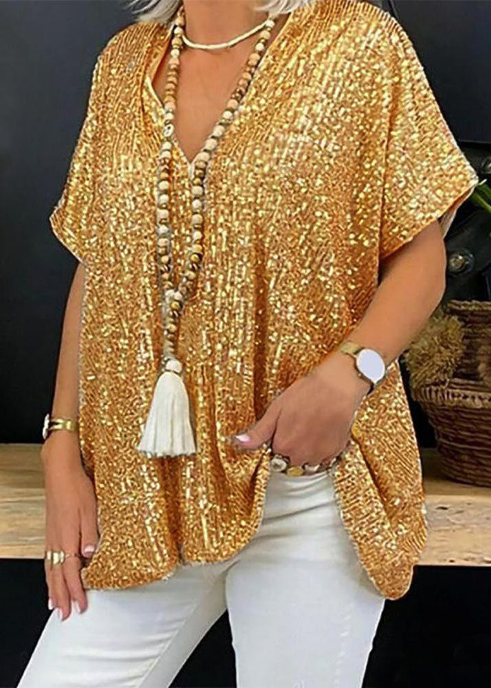 Women Gold V Neck Sequins Plus Size Tops Summer