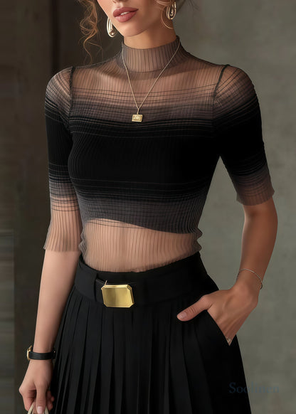 Women Gradient Black Stand Collar Tulle Tank Half Sleeve