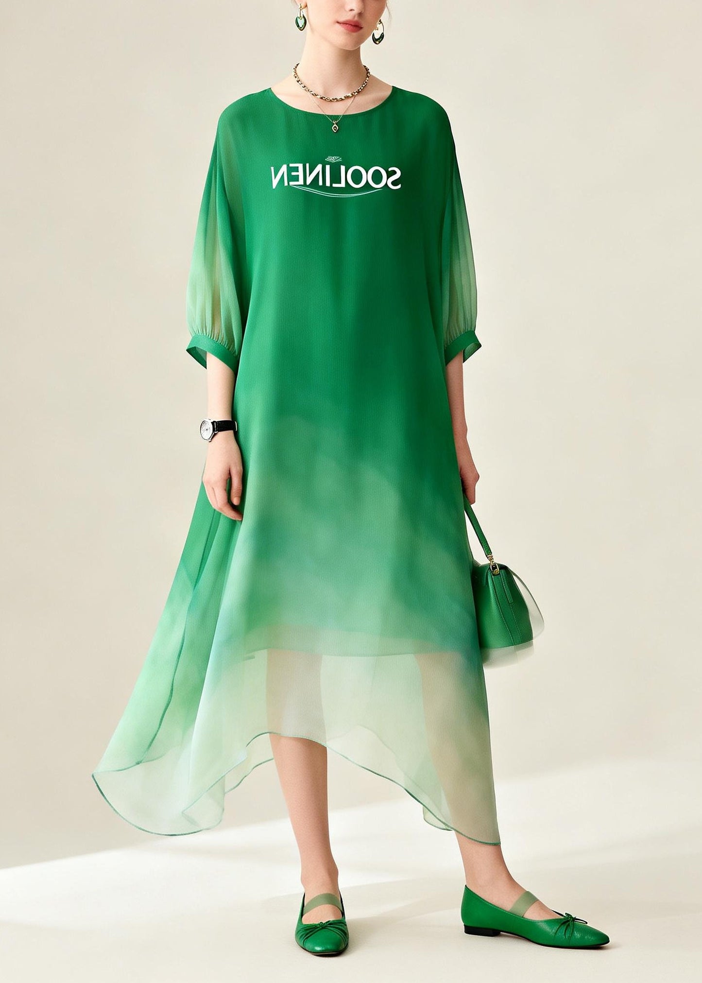 Women Gradient Color Asymmetrical Design Chiffon Ankle Dress Summer
