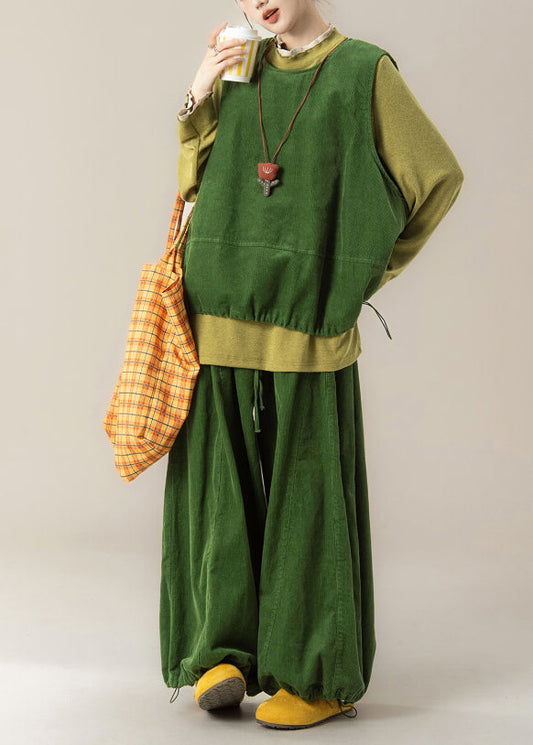Women Grass Green Vest T Shirt And Pants Corduroy Three Pieces Set Spring