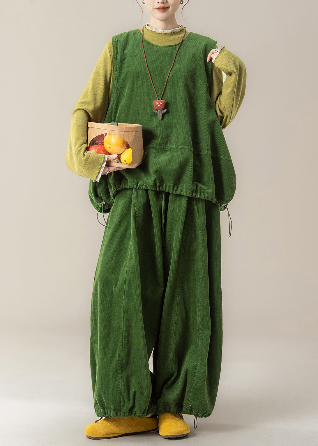Women Grass Green Vest T Shirt And Pants Corduroy Three Pieces Set Spring
