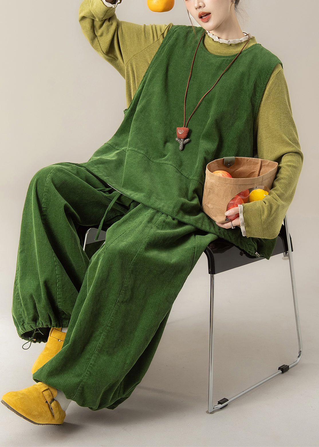 Women Grass Green Vest T Shirt And Pants Corduroy Three Pieces Set Spring