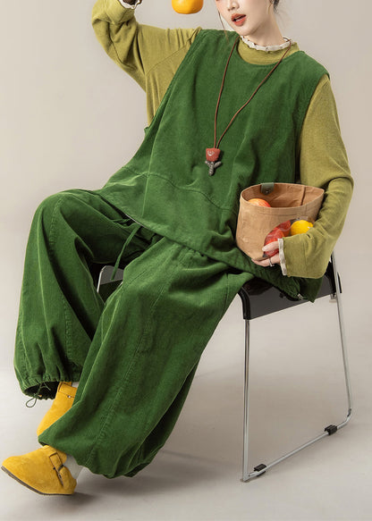 Women Grass Green Vest T Shirt And Pants Corduroy Three Pieces Set Spring