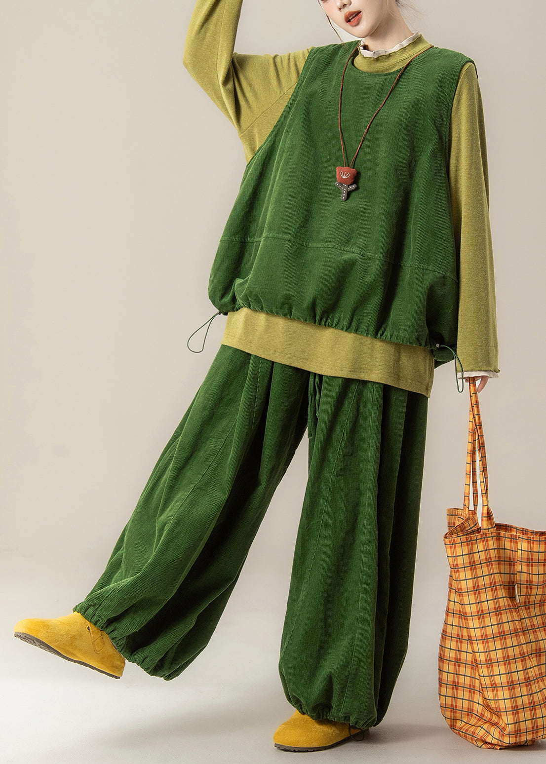 Women Grass Green Vest T Shirt And Pants Corduroy Three Pieces Set Spring