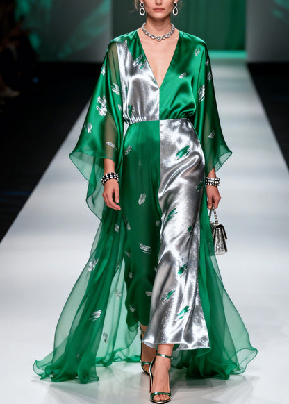 Women Green Asymmetrical Patchwork Exra Large Hem Chiffon Dresses Summer