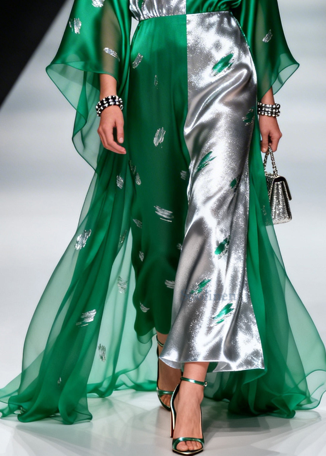 Women Green Asymmetrical Patchwork Exra Large Hem Chiffon Dresses Summer