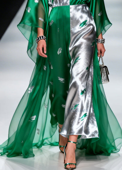 Women Green Asymmetrical Patchwork Exra Large Hem Chiffon Dresses Summer