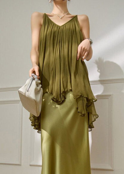 Women Green Asymmetrical Vests V Neck Summer