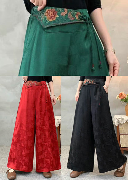 Women Green Embroidered Silk Wide Leg Pants Spring