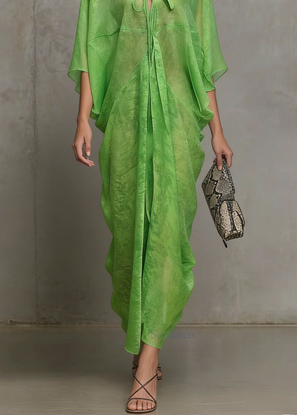 Women Green Lace Up Chiffon Vacation Dress Summer