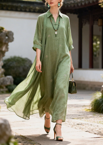 Women Green Peter Pan Collar Patchwork Cotton Dresses Summer