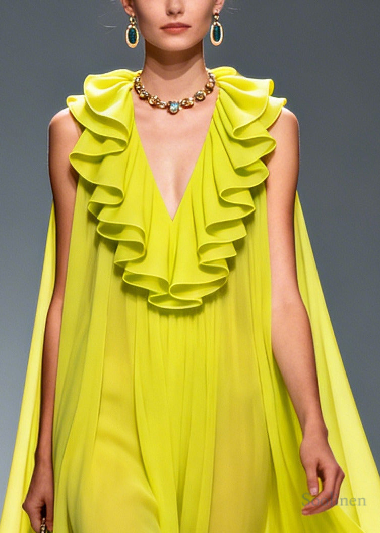 Women Green Ruffled Exra Large Hem Flower Chiffon Robe Dresses Summer
