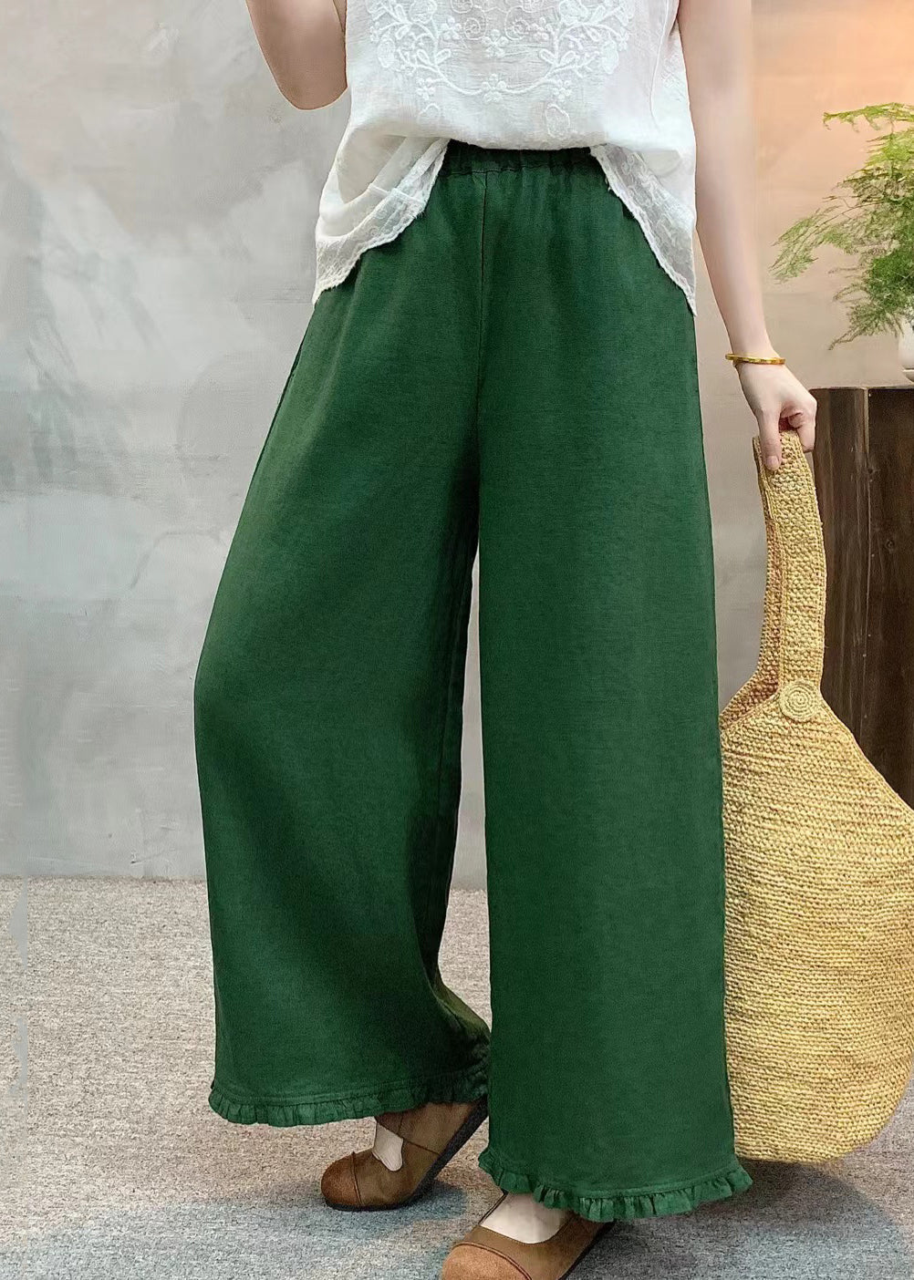 Women Green Ruffled Linen Wide Leg Pants Summer