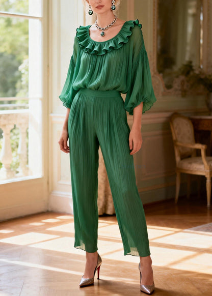 Women Green Ruffled Patchwork Silk Two Pieces Set Summer