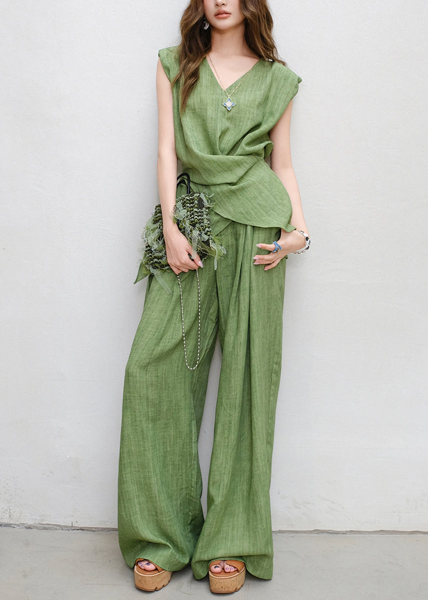 Women Green V Neck Lace Up Tops And Pants Linen Two Piece Set Sleeveless