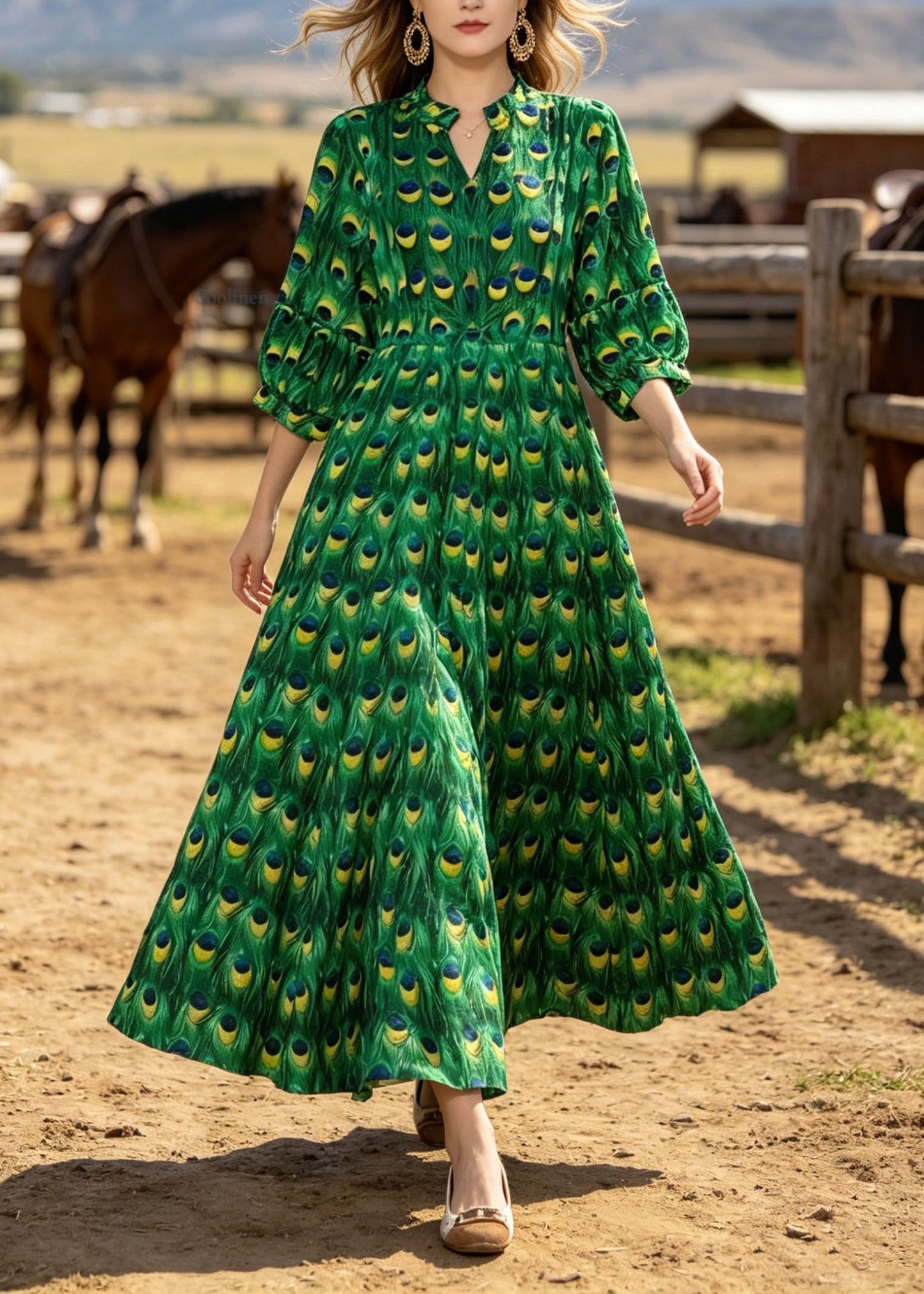 Women Green V Neck Print Cotton Long Dresses Summer