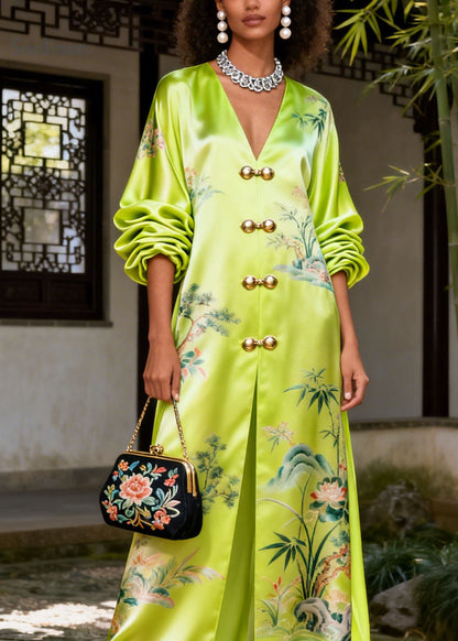 Women Green V Neck Print Silk Vacation Dresses Summer