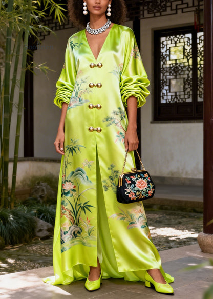 Women Green V Neck Print Silk Vacation Dresses Summer