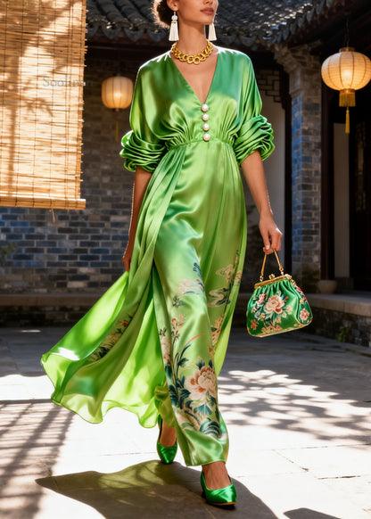 Women Green V Neck Wrinkled Print Silk Long Dress Summer