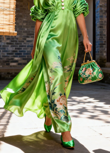 Women Green V Neck Wrinkled Print Silk Long Dress Summer