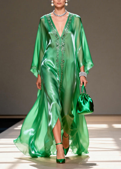 Women Green V Neck Zircon Chiffon Long Dresses Summer