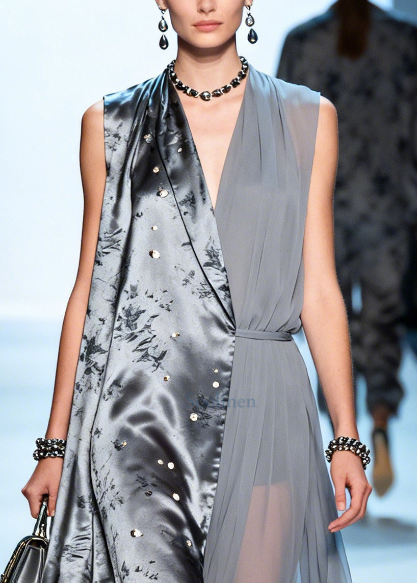 Women Grey Asymmetrical Patchwork Chiffon Fake Two Piece Dress Summer