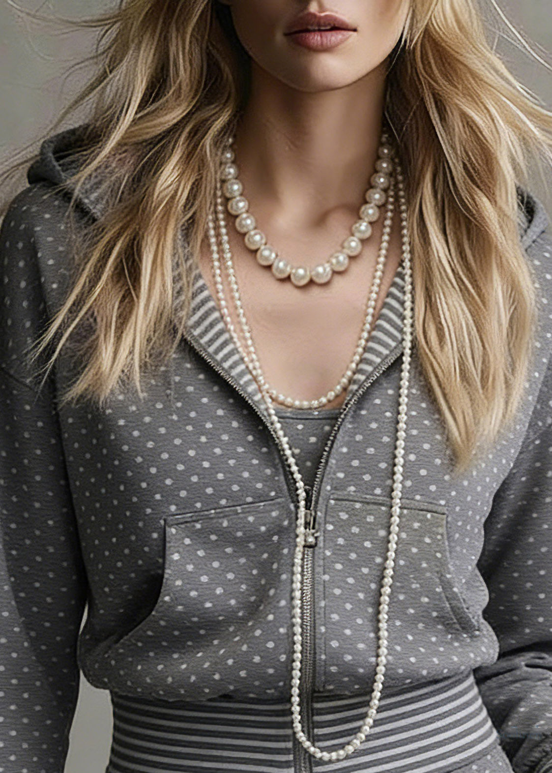 Women Grey Dot Zippered Pockets Hooded Coats Long Sleeve