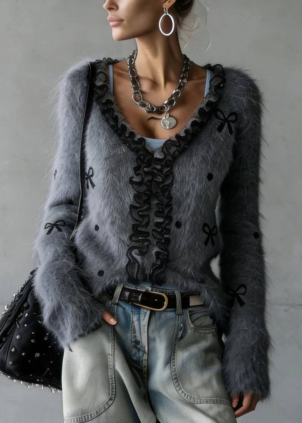 Women Grey Ruffled Patchwork Faux Fur Fluffy Knitted Top Spring