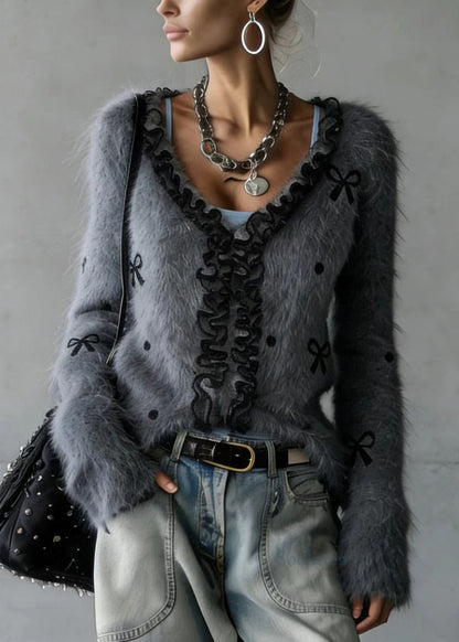 Women Grey Ruffled Patchwork Faux Fur Fluffy Knitted Top Spring
