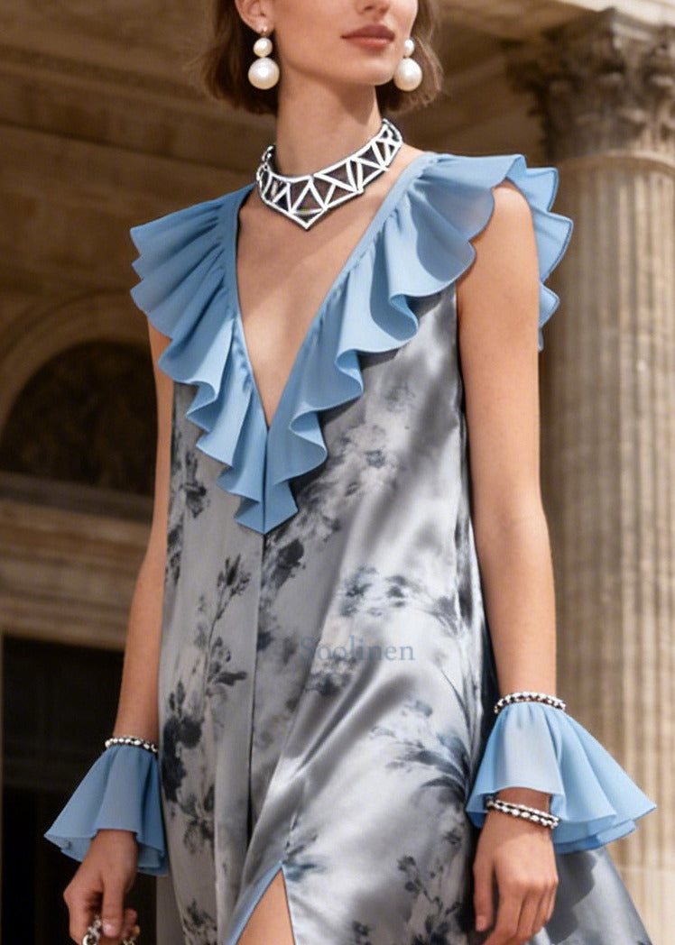 Women Grey Ruffled Patchwork Side Open Chiffon Long Dress Summer