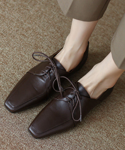 Women Grey Sheepskin Lace Up Splicing Square Toe Flat Shoes